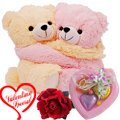Cute Hugging Couple Teddy with 1 Velvet Rose and 3 pcs Heart Homemade Chocolate to Alappuzha