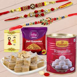 Fancy Set of 3 Rakhis with Haldirams Sweets n Savory to Usa-rakhi-hampers.asp