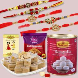 Charming Set of 5 Rakhi with Haldirams Sweets n Savory to Usa-rakhi-hampers.asp