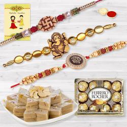 Designer Set of 3 Rakhi with Kaju Katli n Ferrero Rocher to Usa-rakhi-sweets.asp