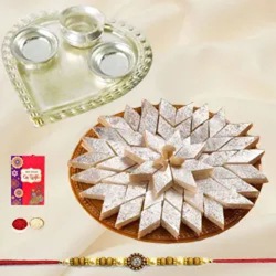 Kaju Katli from Haldiram and Silver Plated Paan Shaped Puja Aarti Thali along with Rakhi to Rakhi-to-world-wide.asp